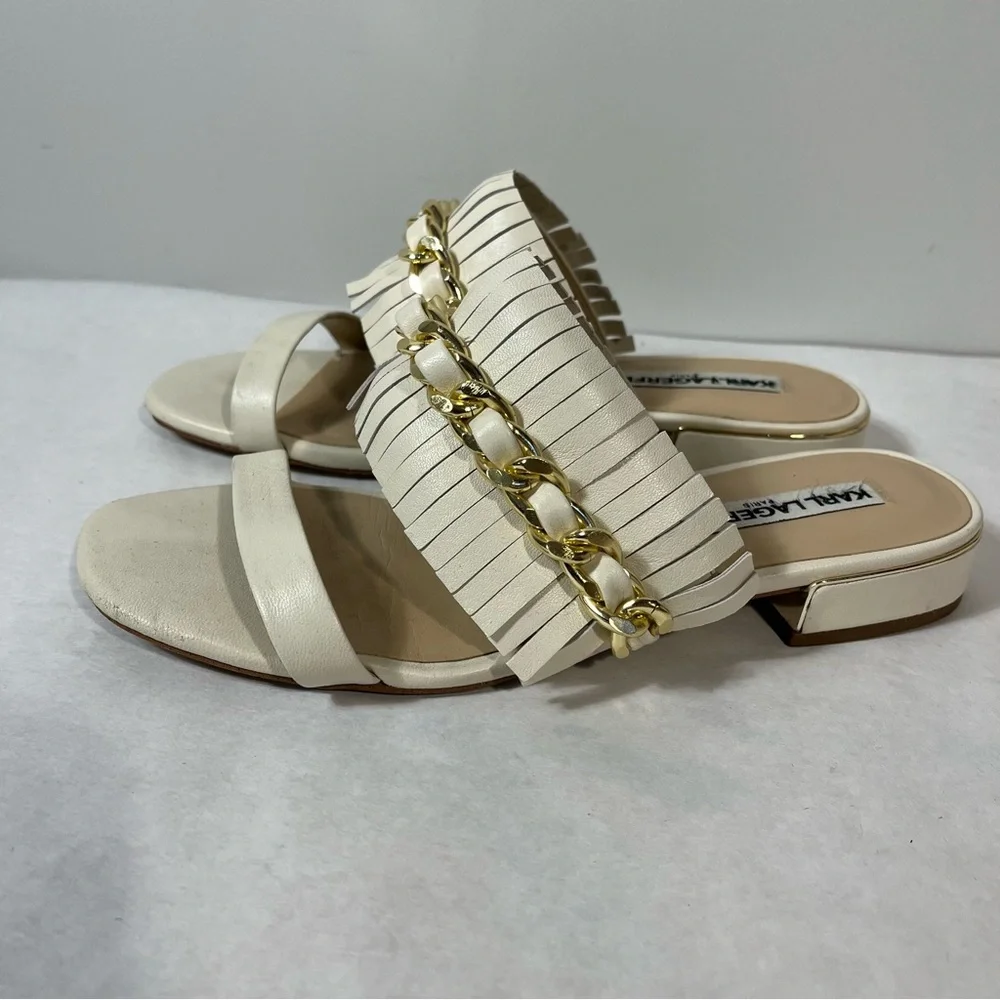 Karl Lagerfeld Athens Sandals Fringe Gold Chain Ivory Size 6.5 - Picture 4 of 8